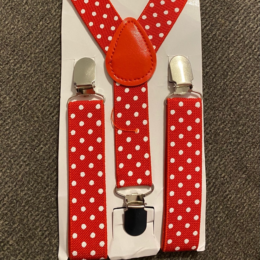Kids bow tie and suspenders (red/white polka dots)